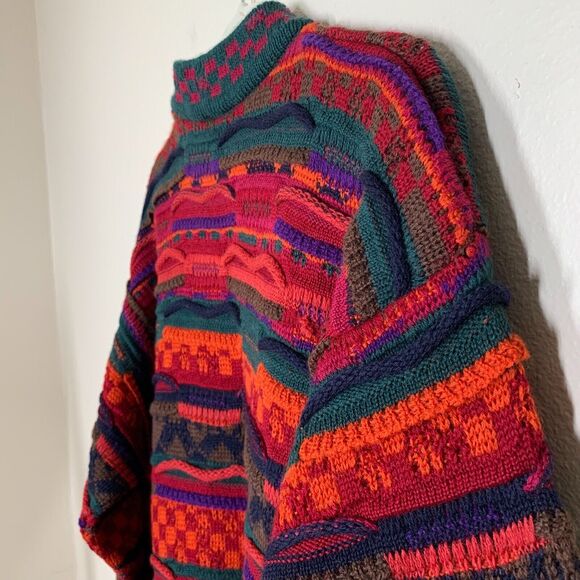Coogi Australia 3D Knit Sweater Men's M Mock High Neck Green Orange Red Brown - Picture 6 of 8